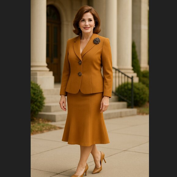 Lily & Taylor 2PC Yellow Blazer Skirt Suit Set Sz 10 Jeweled Brooch Church READ - Picture 1 of 16
